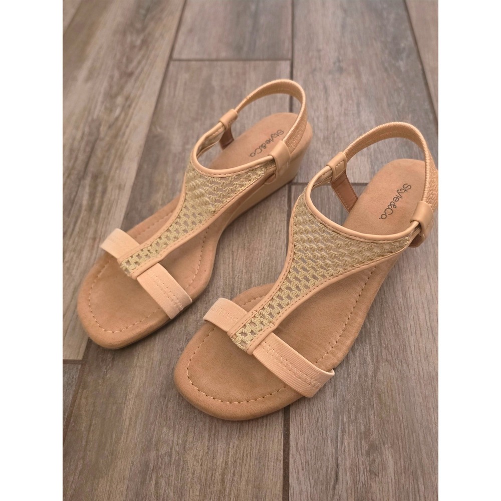 Style & Co Vacanzaar Nude Beige Crochet Wedge Sandals Elastic Slingback 9.5M